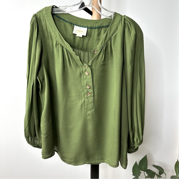 Anthropologie Maeve Kalas Henley Olive Green 3/4 Sleeve Round Neck Blouse SZ M - Picture 4 of 16